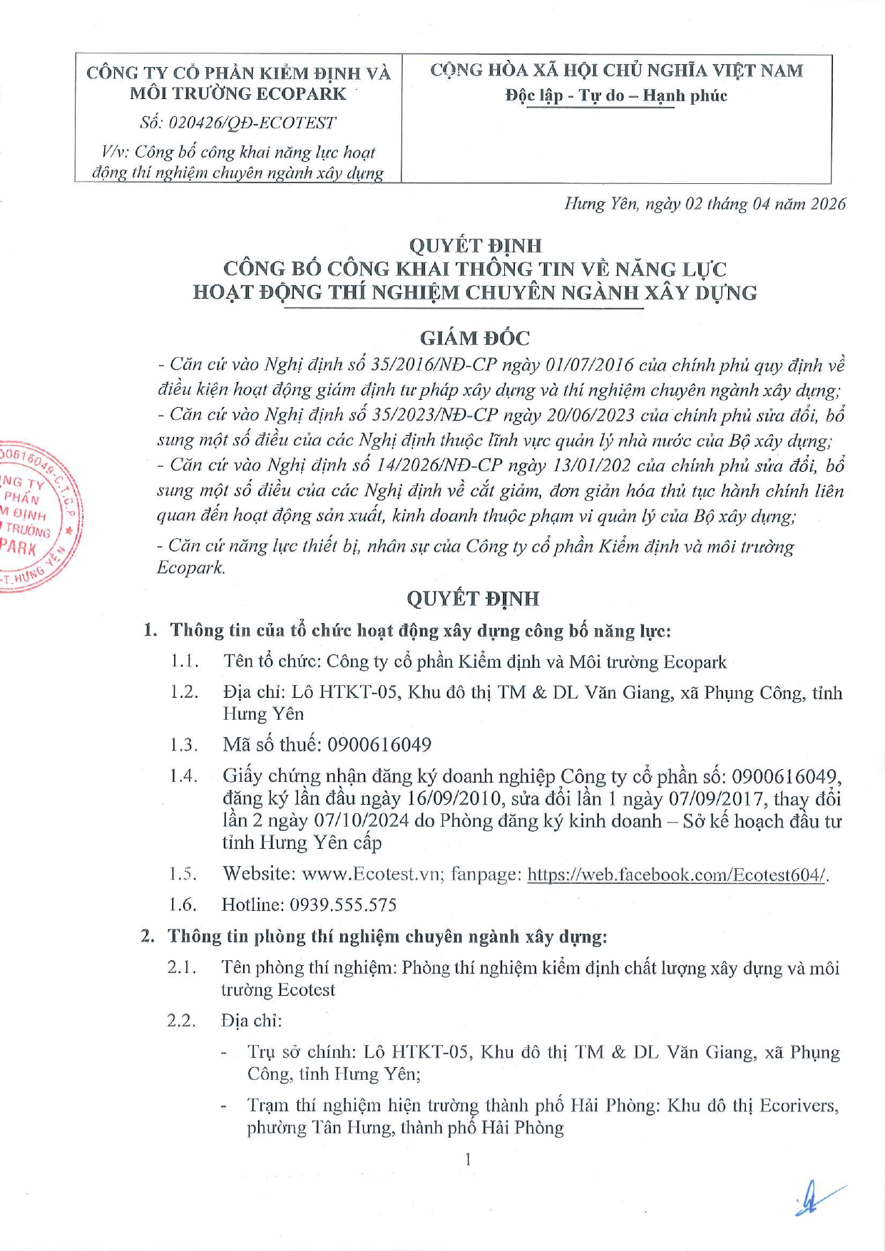 Quyết định số 020426/QĐ-ECOTEST công bố năng lực hoạt động thí nghiệm chuyên ngành xây dựng