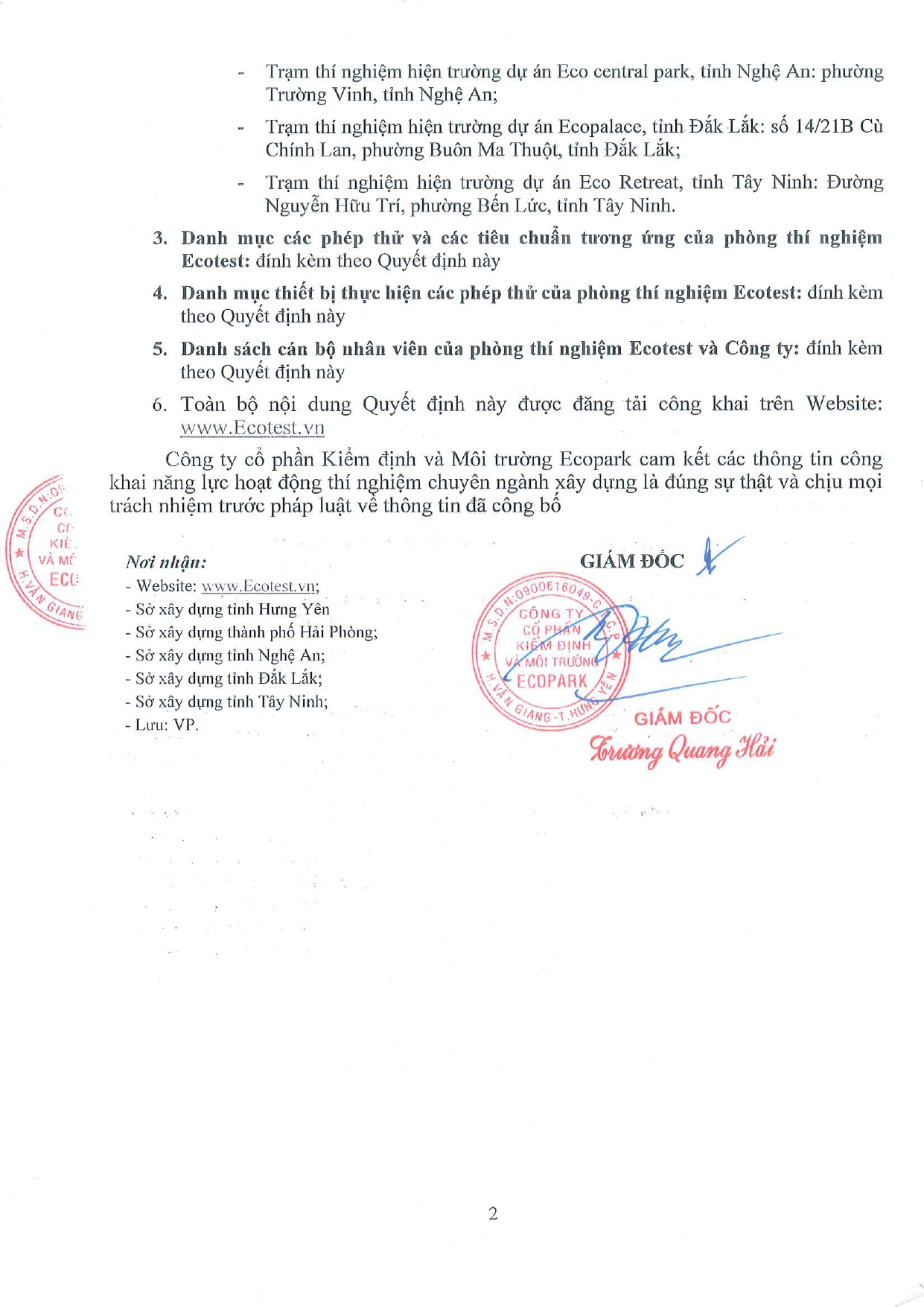 Quyết định số 020426/QĐ-ECOTEST công bố năng lực hoạt động thí nghiệm chuyên ngành xây dựng