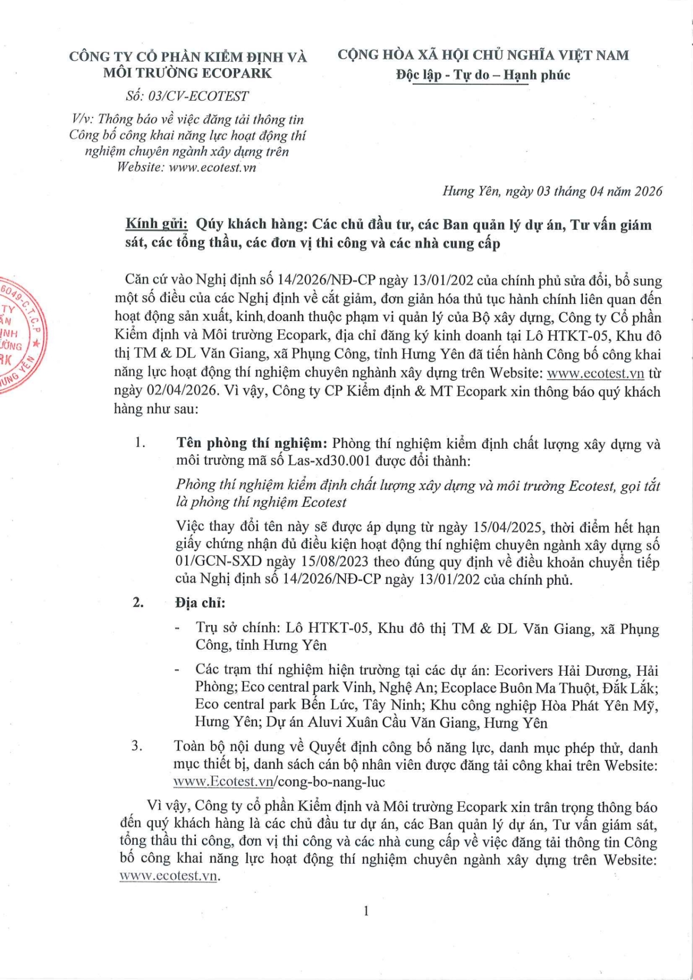 Thông báo khách hàng 15/4/2026 đổi tên Phòng thí nghiệm ECOTEST