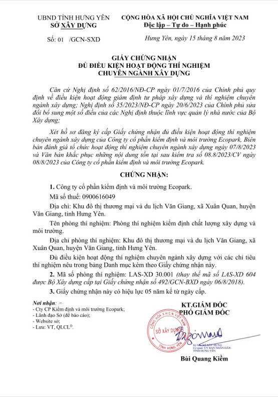 Quyết định số 01/GCN-SXD ngày 15/08/2023 do Sở xây dựng tỉnh Hưng Yên cấp mã số LAS-XD30.001
