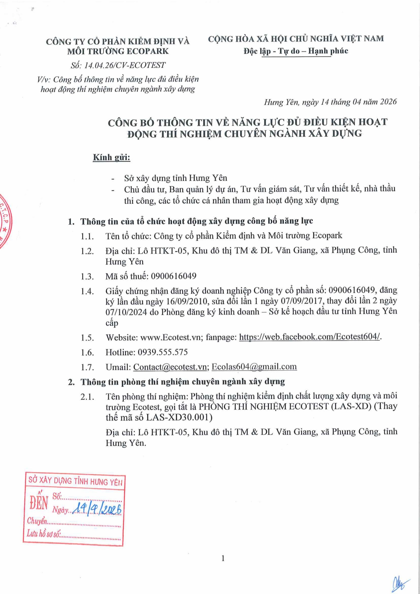 Công văn 14.04.26/CV-ECOTEST gửi SXD tỉnh Hưng Yên và các tỉnh có đặt trạm TN hiện trường
