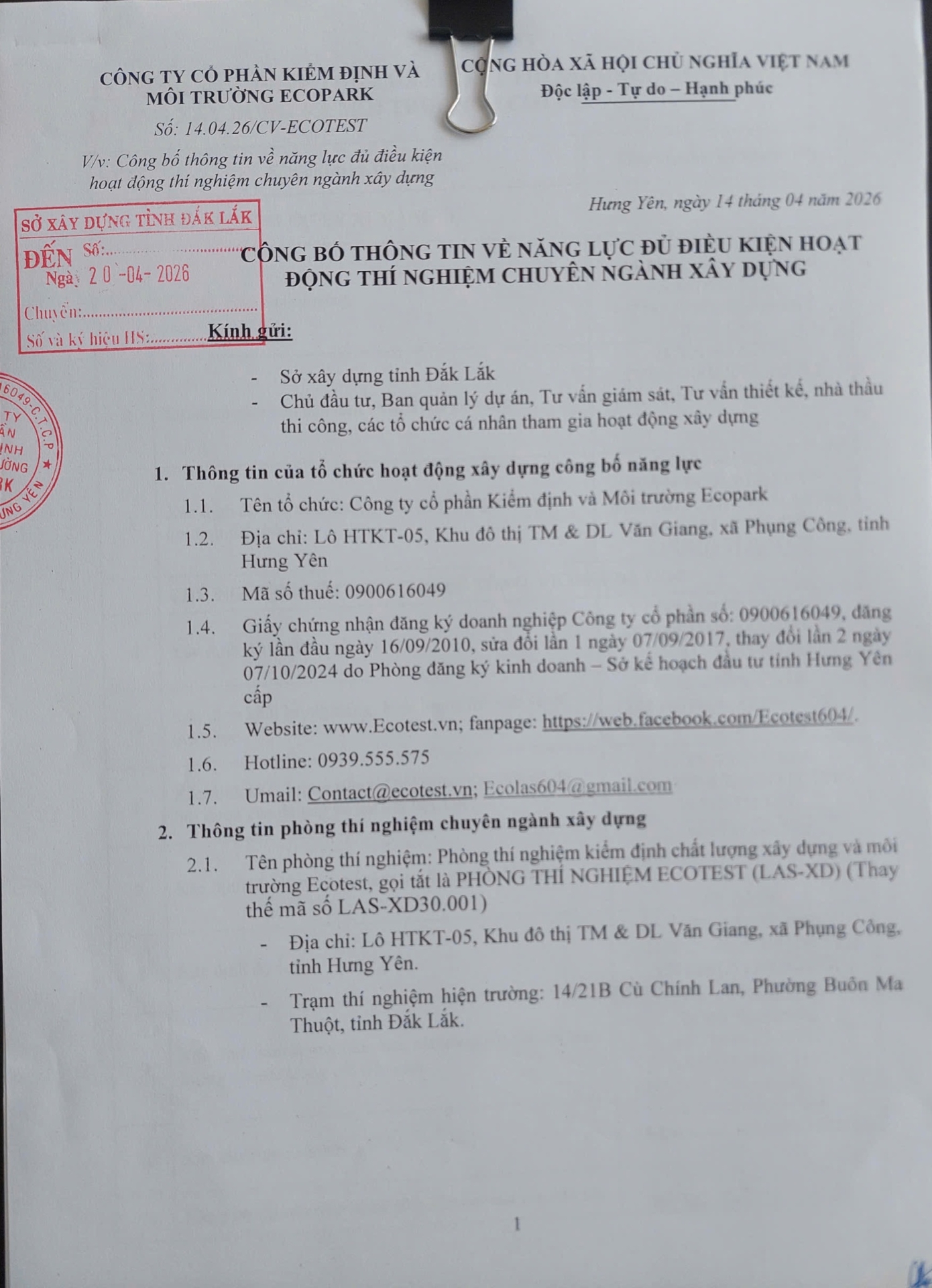 Công văn 14.04.26/CV-ECOTEST gửi SXD tỉnh Hưng Yên và các tỉnh có đặt trạm TN hiện trường
