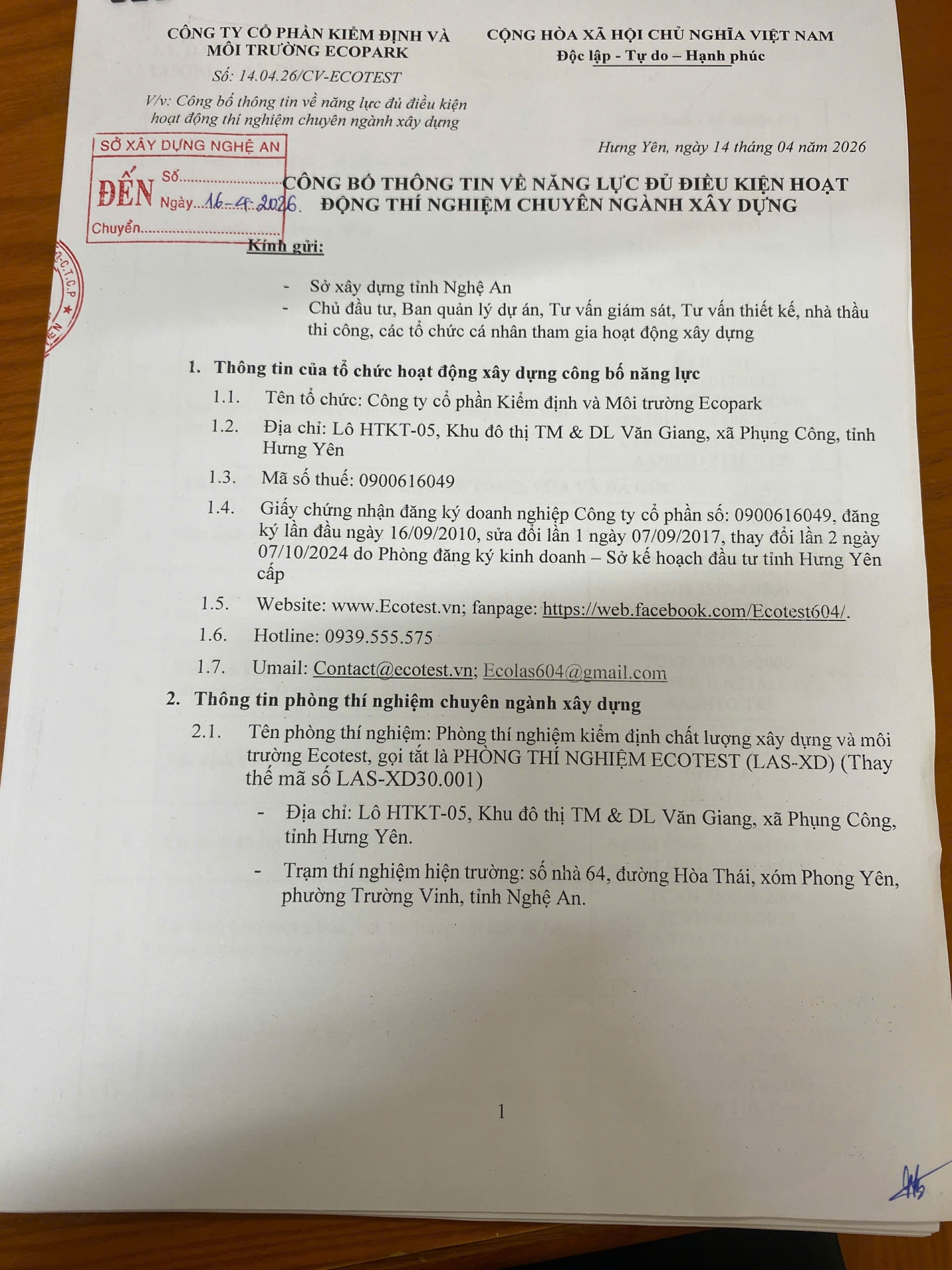 Công văn 14.04.26/CV-ECOTEST gửi SXD tỉnh Hưng Yên và các tỉnh có đặt trạm TN hiện trường
