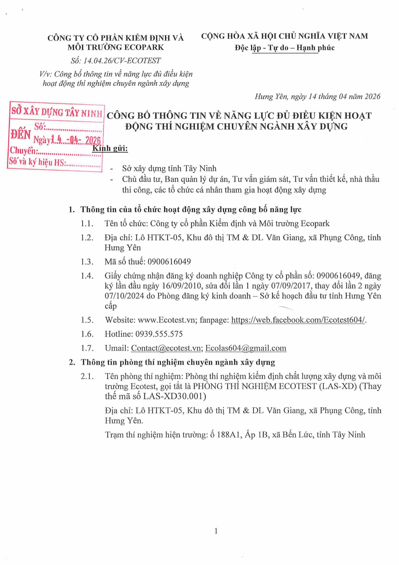 Công văn 14.04.26/CV-ECOTEST gửi SXD tỉnh Hưng Yên và các tỉnh có đặt trạm TN hiện trường