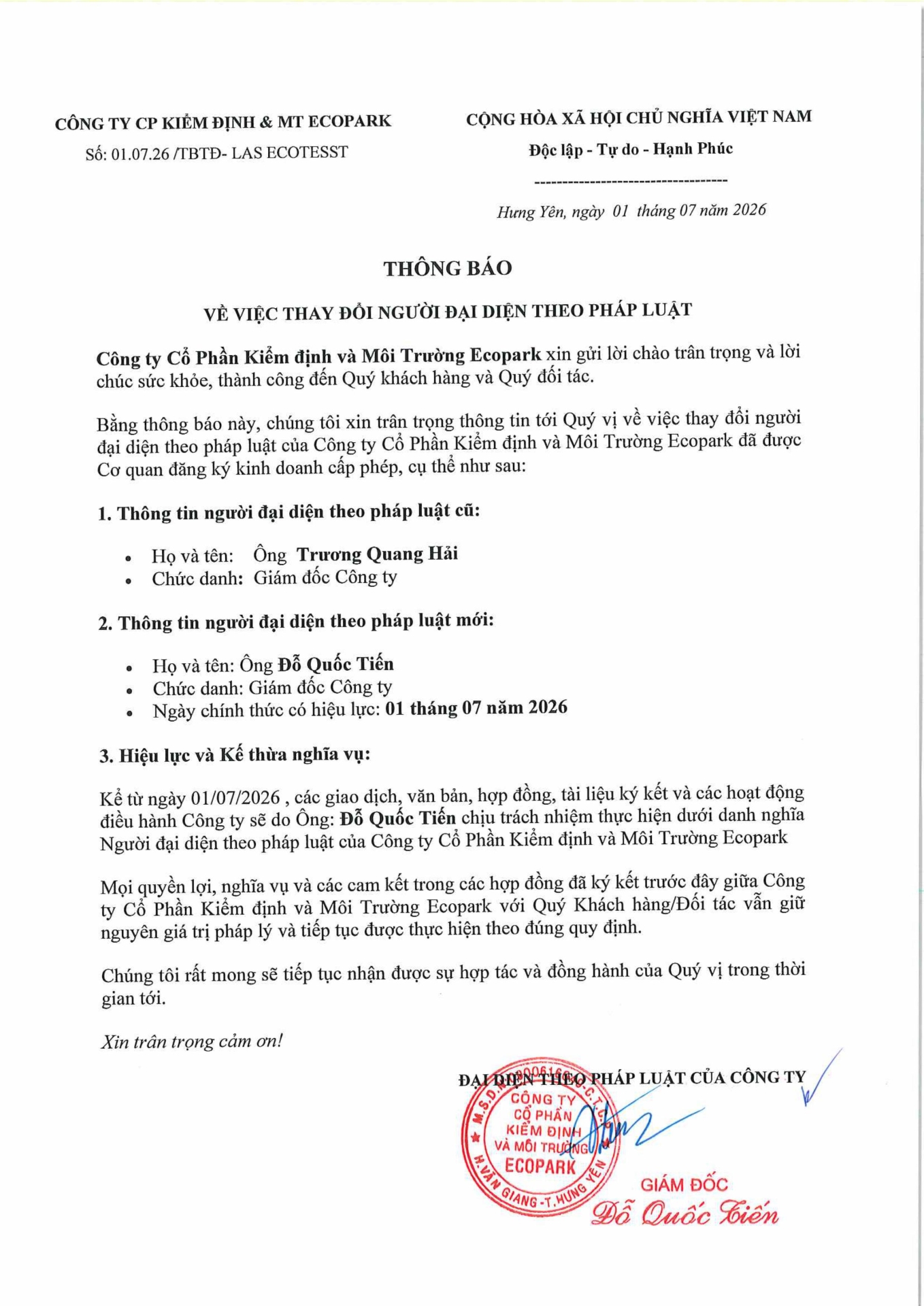 Thay đổi đăng ký kinh doanh từ ngày 01/07/2026