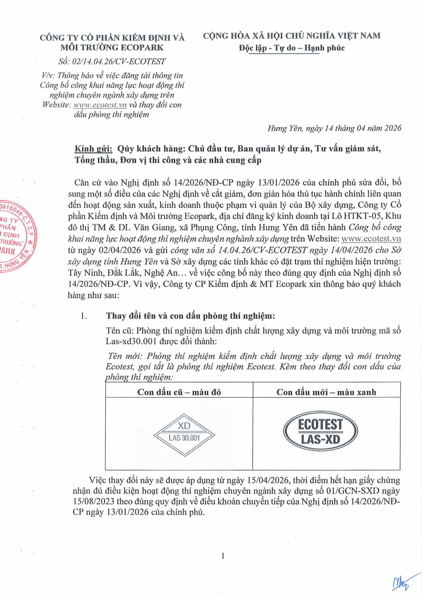 Thông báo khách hàng 15/4/2026 đổi tên và con dấu Phòng thí nghiệm ECOTEST